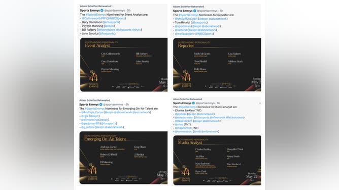 A sampling of retweets from Adam Schefter on Tuesday, all pertaining to Sports Emmy nominations.