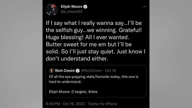A since-deleted Tweet sent by Jets WR Elijah Moore that reads, 