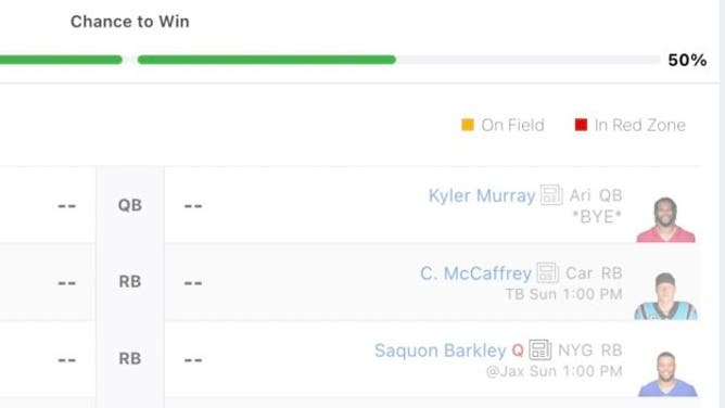 Screenshot: ESPN Fantasy apparently believes that Cardinals QB Kyler Murray, currently on the field on Thursday Night Football, is on a bye this week.