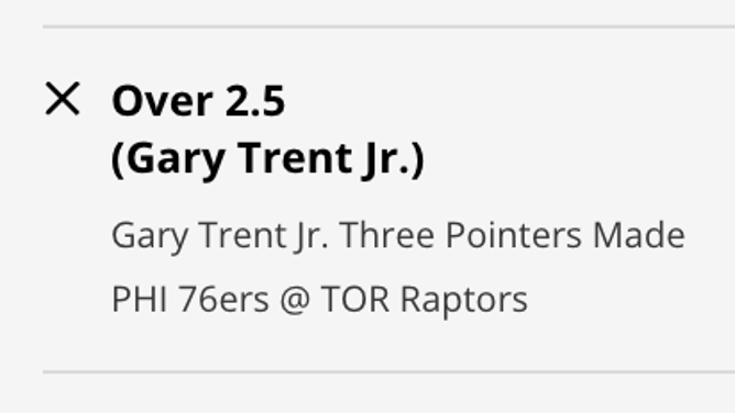 Toronto Raptors SG Gary Trent Jr.'s odds for 3-pointers made when the Raptors host the Philadelphia 76ers Wednesday at the Scotiabank Arena.
