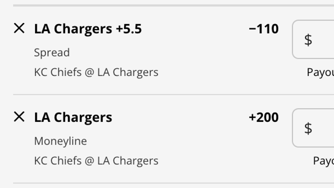 The Los Angeles Chargers' odds vs. the Kansas City Chiefs from DraftKings Sportsbook as of Sunday, November 20th at 1:40 p.m. ET.