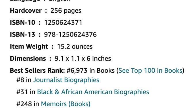 Jemele Hill ranks almost 7,000th on the Amazon books list.