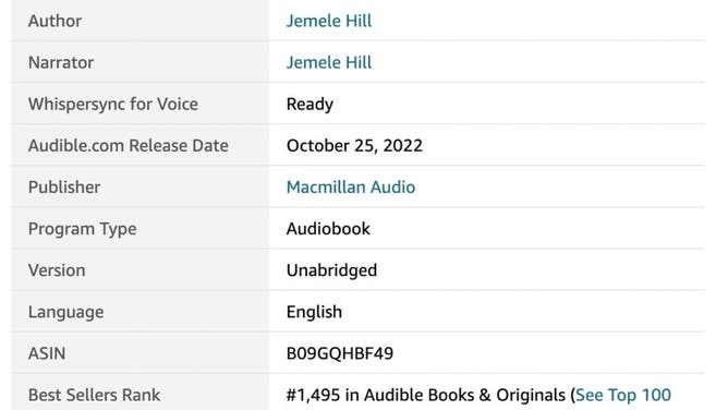Jemele Hill audiobook is actually inside the top 1,500 books!