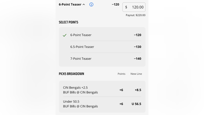 Six-point teaser for the Buffalo Bills at Cincinnati Bengals for Monday Night Football from DraftKings Sportsbook as of Monday, Jan. 2nd at 3:35 p.m. ET.