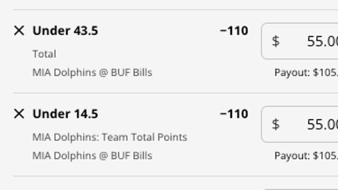 Odds for the UNDER in Miami Dolphins at Buffalo Bills and Miami's team total from DraftKings Sportsbook as of Thursday, Jan. 12th at 3:15 p.m. ET.