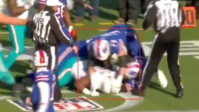 Bills lineman Spencer Brown should have been flagged for shoving Wilkins head into the ground following the Josh Allen interception.