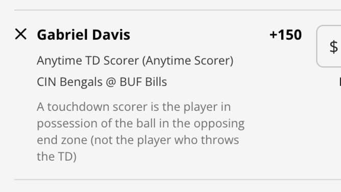 Buffalo Bills WR Gabriel Davis anytime TD scorer from DraftKings Sportsbook as of Friday, Jan. 20th at 2:30 a.m. ET.