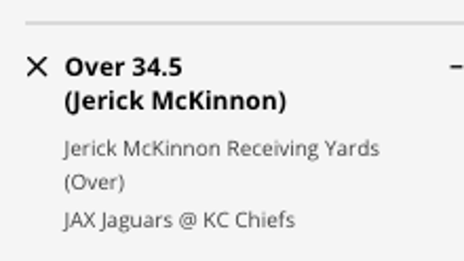 Kansas City Chiefs RB Jerick McKinnon's receiving yards prop from DraftKings Sportsbook as of Thursday, Jan. 19th at 6 p.m. ET.