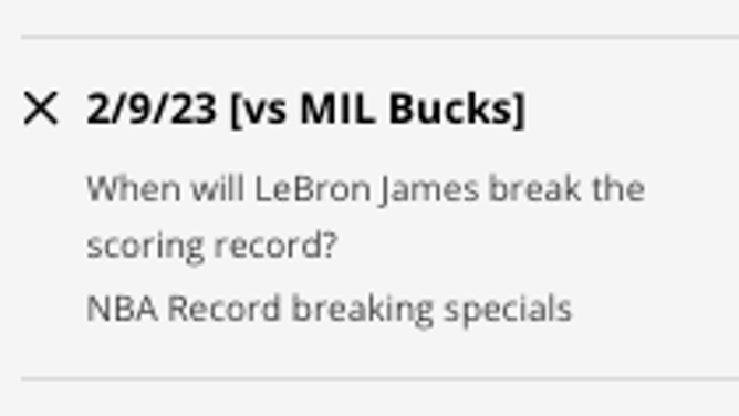 Lakers LeBron James' odds to break the NBA scoring record at home vs. the Milwaukee Bucks from DraftKings Sportsbook as of Wednesday, Feb. 1 at 3:15 p.m. ET.