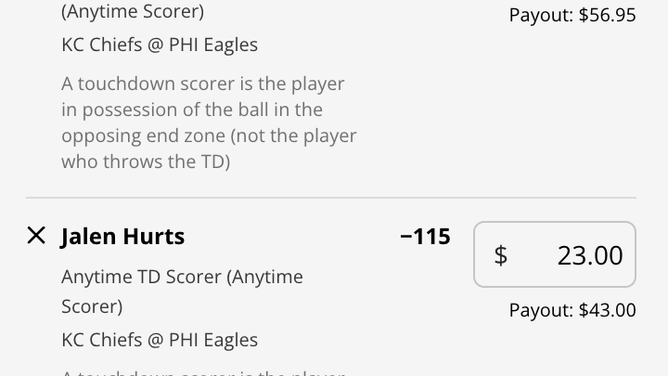 Anytime TD scorer odds for Chiefs WR Marquez Valdes-Scantling and Eagles QB Jalen Hurts from DraftKings Sportsbook.