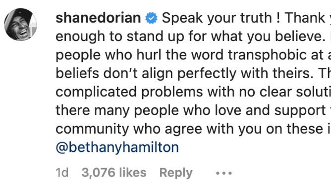 Fellow surfer Shane Dorian supports the decision of Bethany Hamilton to not compete against biological males.