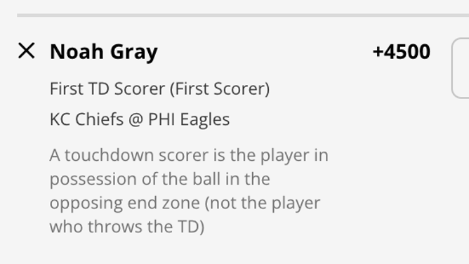 Odds for Kansas City Chiefs TE Noah Gray to score the 1st TD of Super Bowl 2023 from DraftKings Sportsbook.