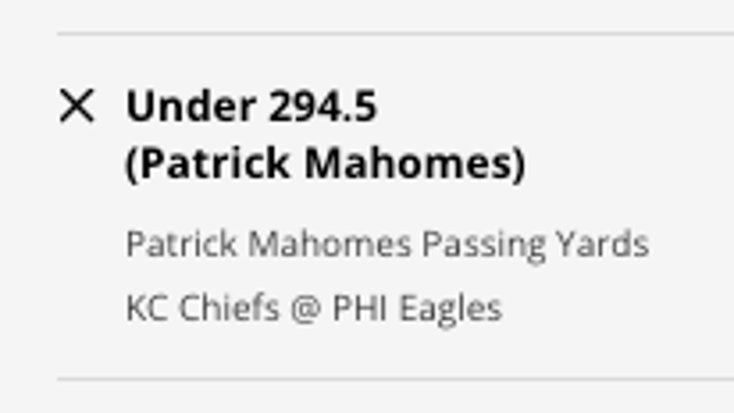 Odds on the Under for Chiefs QB Patrick Mahomes' passing yards prop in Super Bowl 2023 from DraftKings Sportsbook.