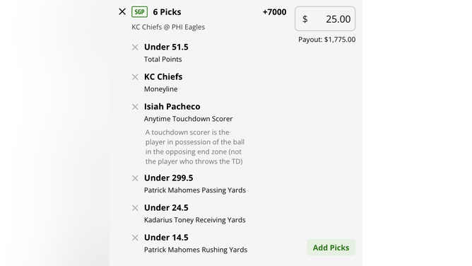 Super Bowl Same Game Parlay odds for the Kansas City Chiefs vs. Philadelphia Eagles from DraftKings Sportsbook as of Sunday, Feb. 12th at 2:30 p.m. ET.