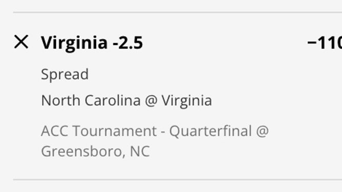 The Virginia Cavaliers' moneyline vs. the North Carolina Tar Heels in the ACC Conference Tournament from DraftKings Sportsbook.