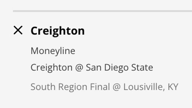 The Creighton Bluejays' moneyline vs. the San Diego State Aztecs in the Elite Eight of the 2023 NCAA Tournament from DraftKings Sportsbook.