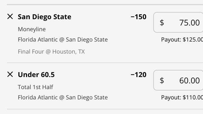 San Diego State's moneyline and odds for the 1st-half UNDER from DraftKings Sportsbook as of Thursday, March 30th at 1:40 p.m. ET.