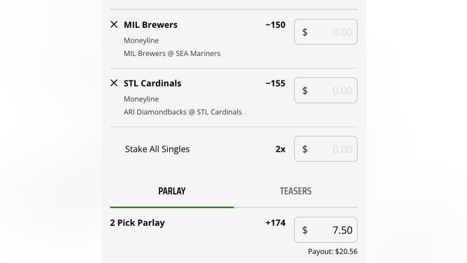 Odds for a 2-team MLB parlay Monday with the Milwaukee Brewers' and St. Louis Cardinals' moneylines from DraftKings.