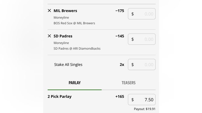 MLB 2-team parlay bet slip with the Milwaukee Brewers and San Diego Padres for Sunday, April 23rd at DraftKings.