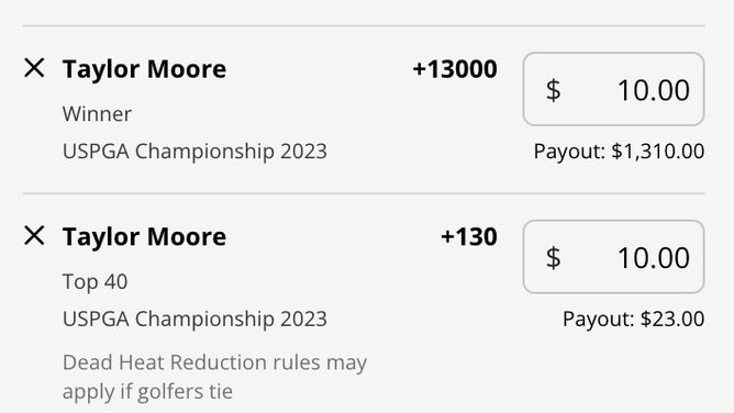 Odds for Taylor Moore to win and place top 40 at the PGA Championship from DraftKings.