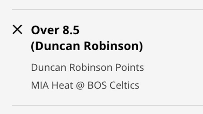 Odds for the OVER in Miami SG Duncan Robinson's point prop for Heat-Celtics Game 7 of the Eastern Conference Finals from DraftKings.