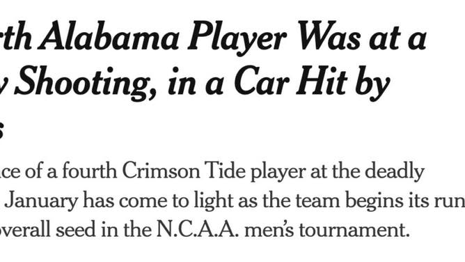 Screenshot of the headline of the New York Times story that claims Alabama player Kai Spears was at the scene when Jamea Harris was shot and killed.