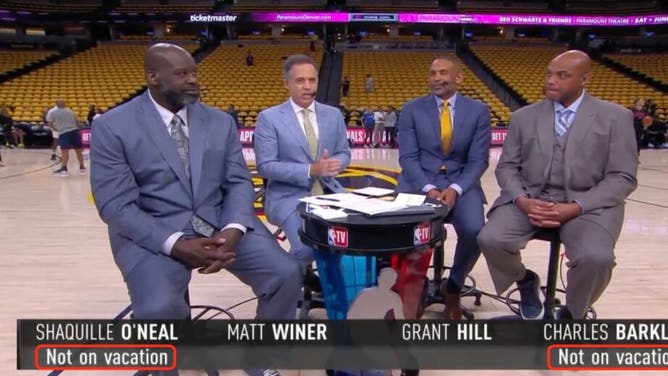 Shaq and Charles Barkley don't look very excited to be working instead of vacation.