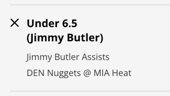 Odds for the UNDER in Miami SF Jimmy Butler's assist prop vs. Nuggets in Game 3 of the NBA Finals from DraftKings.