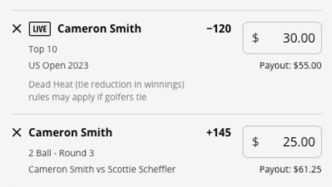 The betting odds for Cameron Smith to finish top-10 after the 2nd round of the 2023 U.S. Open and Smith to beat Scheffler in Round 3.