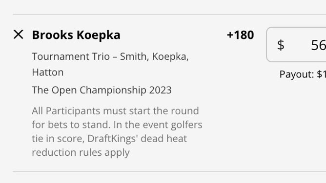 Brooks Koepka's 3-ball odds vs. Cameron Smith and Tyrrell Hatton at The Open Championship 2023 from DraftKings.