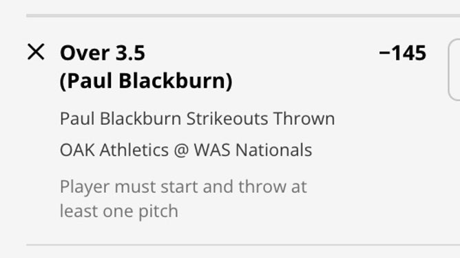 Oakland A's RHP Paul Blackburn's K-prop odds vs. the Washington Nationals for MLB Friday, Aug. 11 from DraftKings.