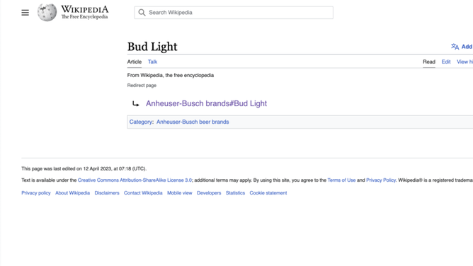 Bud Light Wikipedia page erased.