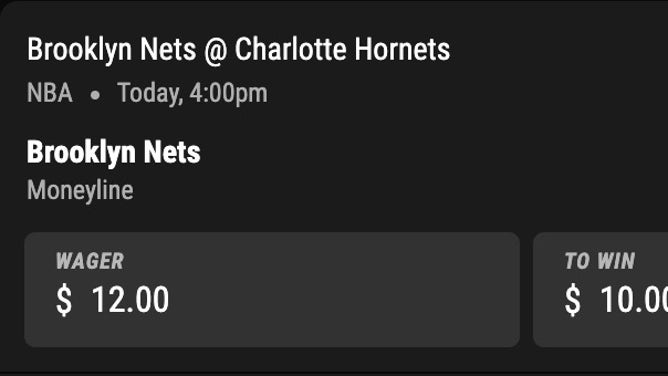 Bet 1.2u on the Nets (-120) at the Hornets in NBA Monday (1 unit = $10).