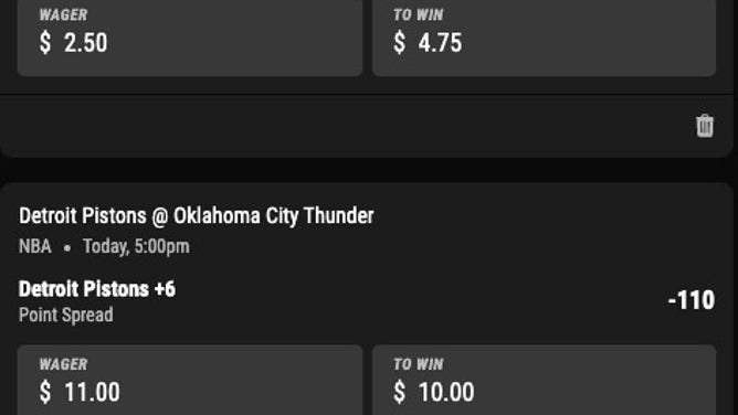 Bet 1.1u on Pistons +6 and 0.25u on Detroit's +190 moneyline vs. Thunder in NBA Monday (1 unit = $10).