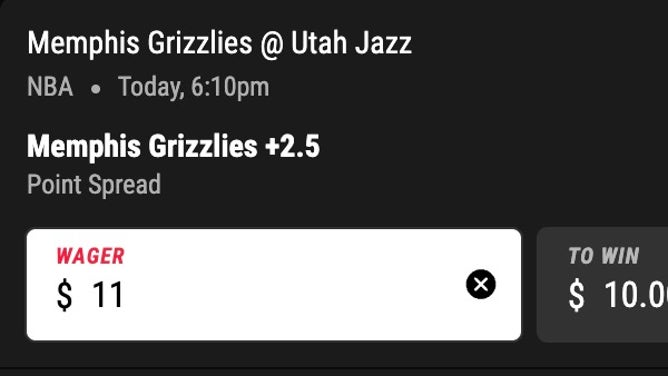 Bet 1.1u on the Grizzlies +2.5 (-110) at the Jazz in NBA Wednesday.