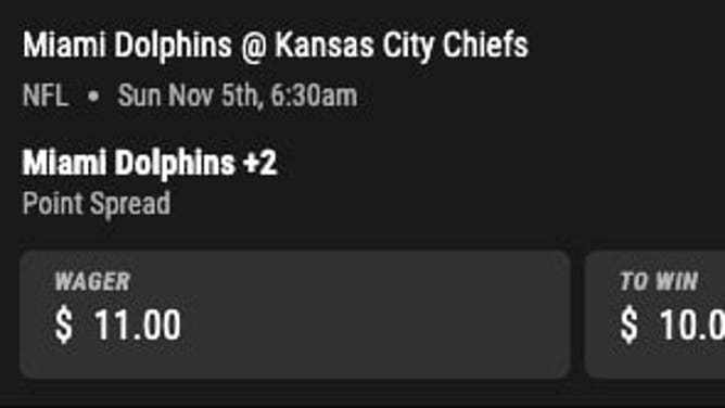 Bet slip for the Miami Dolphins vs. Kansas City Chiefs in Week 9, courtesy of PointsBet.