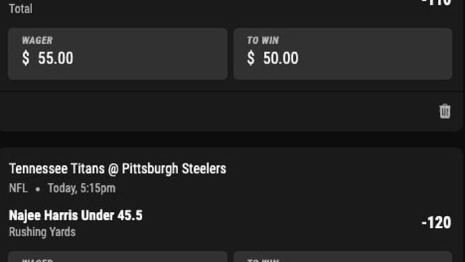 Bet slip for Titans-Steelers in Week 9 courtesy of PointsBet as of 11:13 a.m. ET on Thursday, Nov. 2nd.