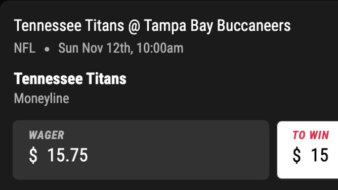 Bet slip for the Tennessee Titans at Tampa Bay Buccaneers in NFL Week 10.
