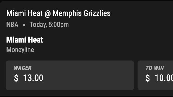 Bet slip from PointsBet for Heat-Grizzlies in NBA Wednesday.