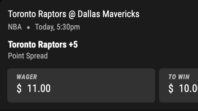 Bet slip from PointsBet for Raptors-Mavericks in NBA Wednesday.
