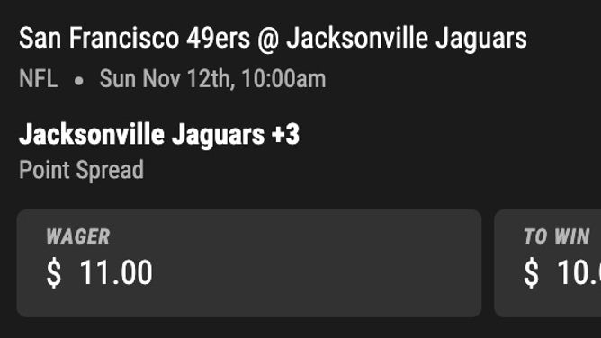 Bet slip from PointsBet for the San Francisco 49ers vs. Jacksonville Jaguars in Week 10.