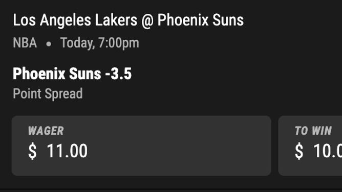 Bet slip for the Lakers-Suns from PointsBet in NBA Friday, Nov. 10th.