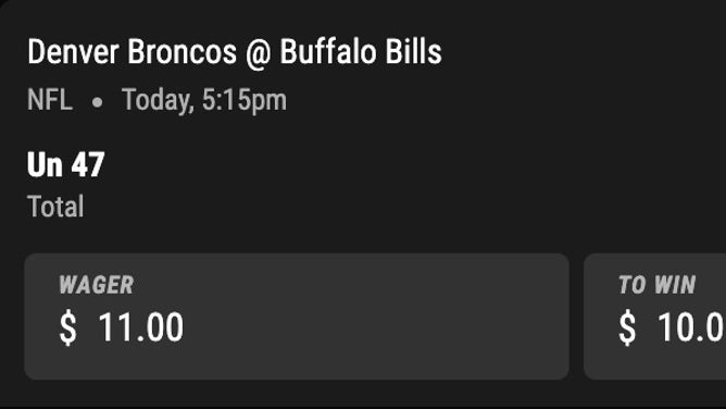 Bet slip for the Broncos-Bills from PointsBet in NFL Week 10.