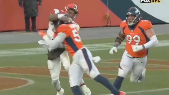 Referees flagged Denver Broncos defender Baron Browning for this hit on Cleveland Browns quarterback Dorian Thompson-Robinson.