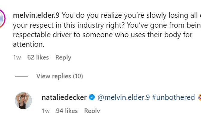 NASCAR driver Natalie Decker continues to get racy on social media.
