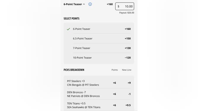 Bet slip for a 6-point NFL Week 16 teaser from DraftKings Sportsbook.