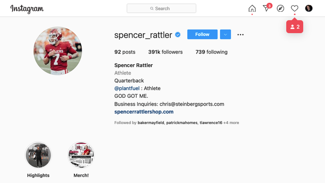 Spencer Rattler OU Instagram bio