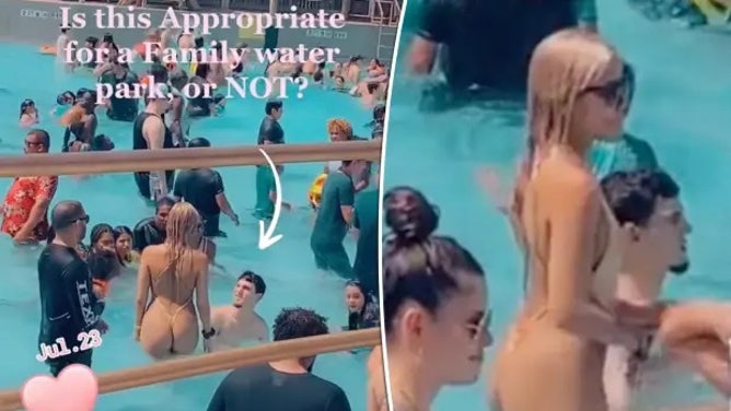 Woman Wearing A Thong Bikini At A Family Water Park Has People