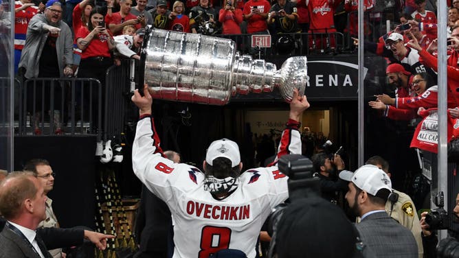Washington Capitals forward Alex Ovechkin leaves the ice with the Stanley Cup after defeating the Vegas Golden Knights in the 2018 Stanley Cup Final at T-Mobile Arena in Las Vegas.