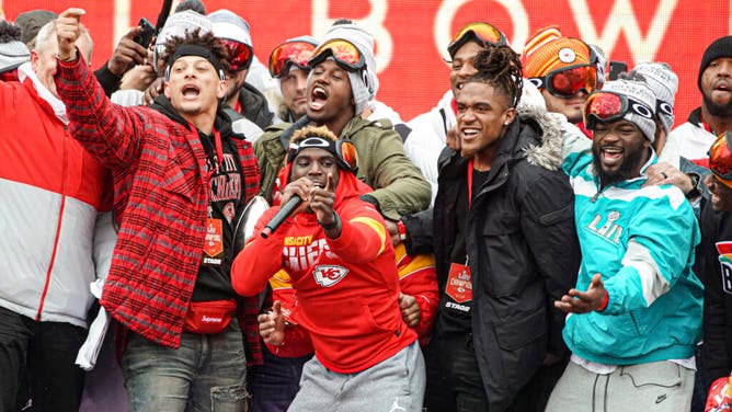 Kansas City Chiefs wide receiver Tyreek Hill speaks to the crowd during the Super Bowl LIV championship rally in Kansas City.